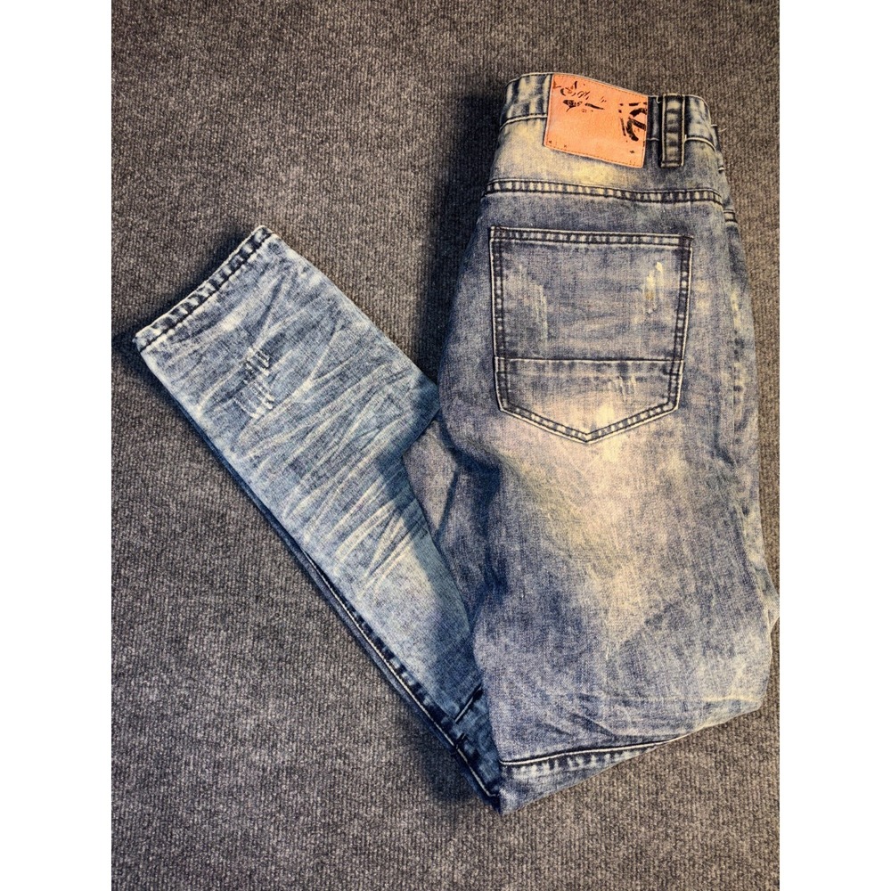 Square Zero Lincoln Biker Jeans Mens 34 Blue Denim Ripped Distinctive Stone-Wash